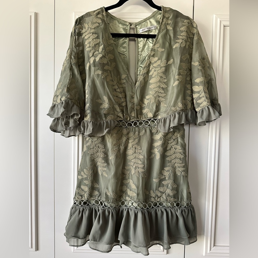 Saints + Secrets Embroidered Ruffle Mini Dress Sage Green, Size M - Picture 2 of 11